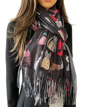 BLACK CAT PRINT LONG LIGHTWEIGHT SCARF