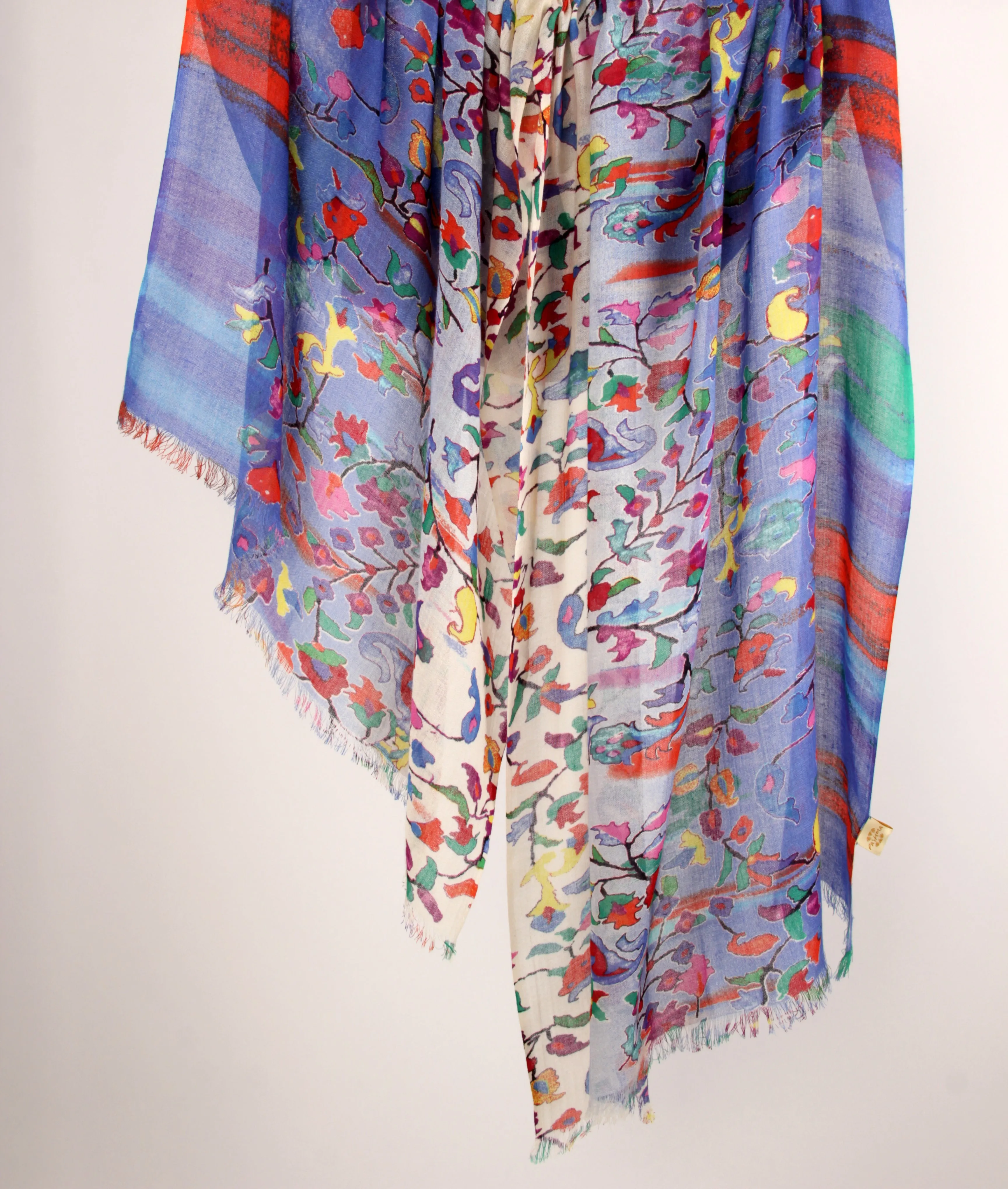 Blue Floral Silk Cashmere Scarf