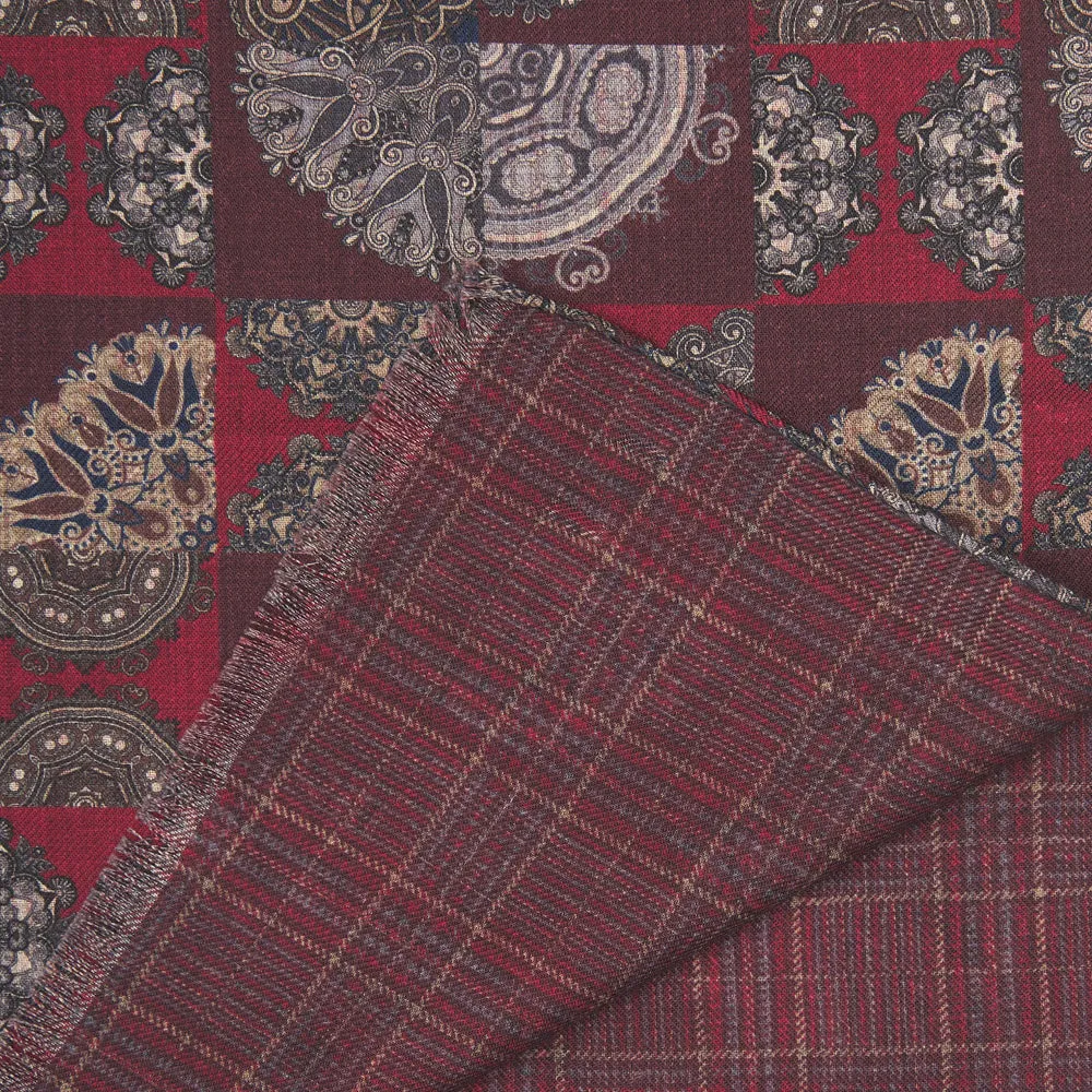 Burgundy Medallion Patchwork and Madras Pattern Wool Scarf