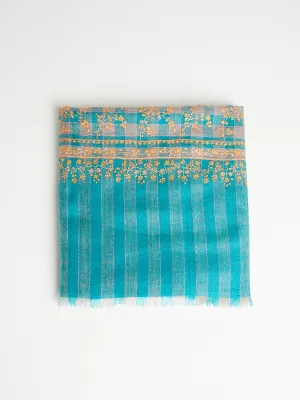 Embroidered Pashmina Shawl in Teal Check with Yellow and Orange Flower