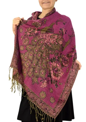 Hot Pink Floral Peacock Reversible Shimmer Layered Pashmina Wrap Shawl Scarf