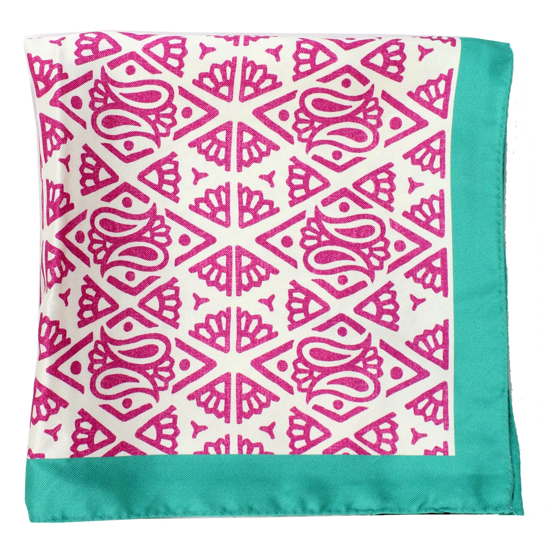 Kiton Scarf White Aqua Pink Paisley Design - Twill Silk Square Women Foulard