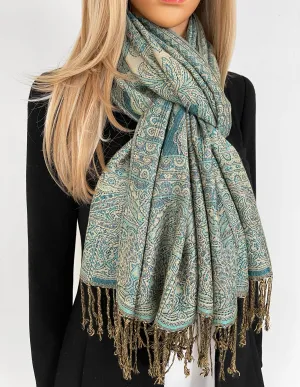 LARGE TEAL REVERSIBLE GEOMETRIC PAISLEY PRINT PASHMINA SHAWL SCARF WRAP