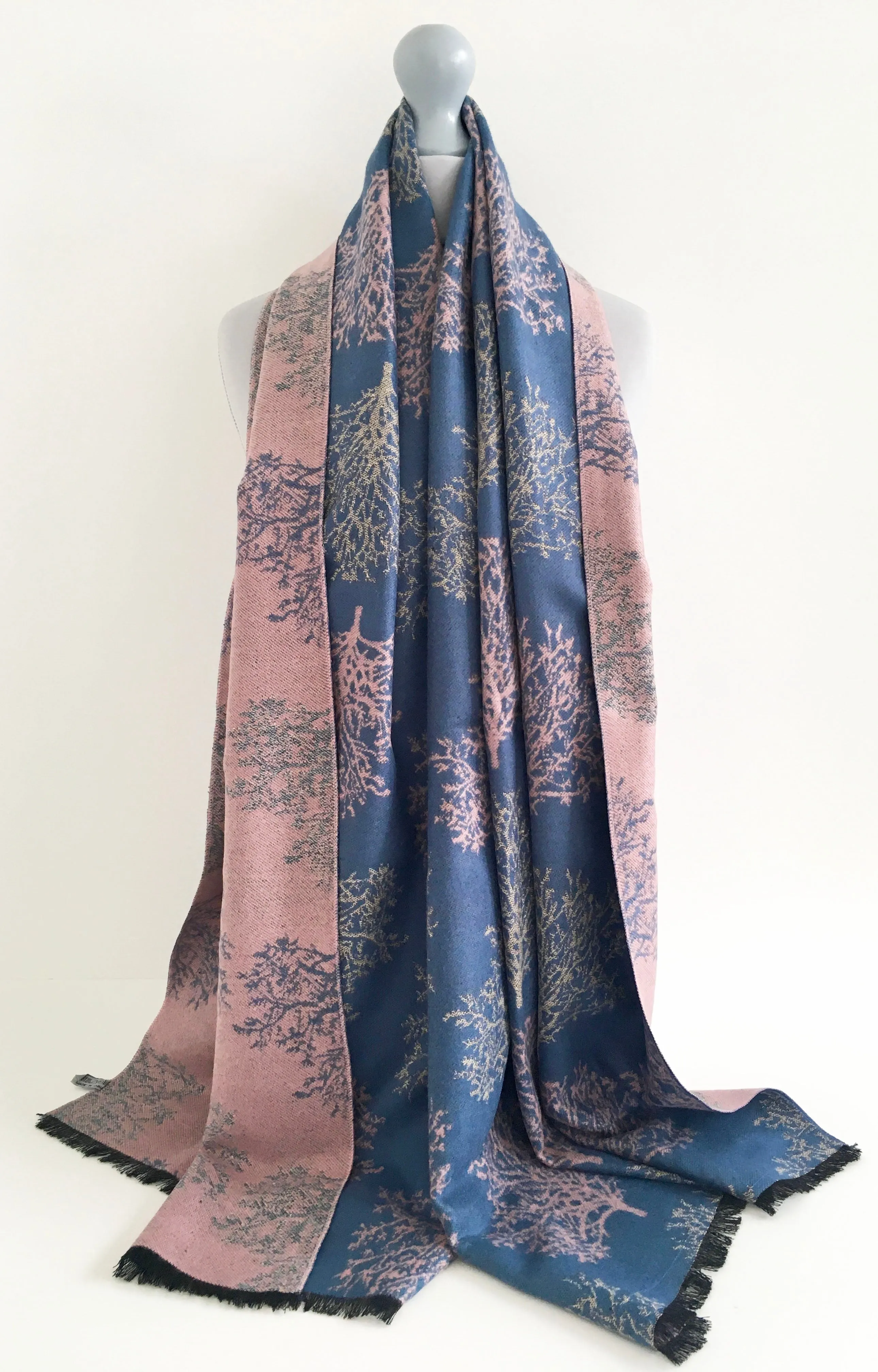 LARGE THICK BLUE BLUSH TREE REVERSIBLE WINTER SHAWL BLANKET SCARF