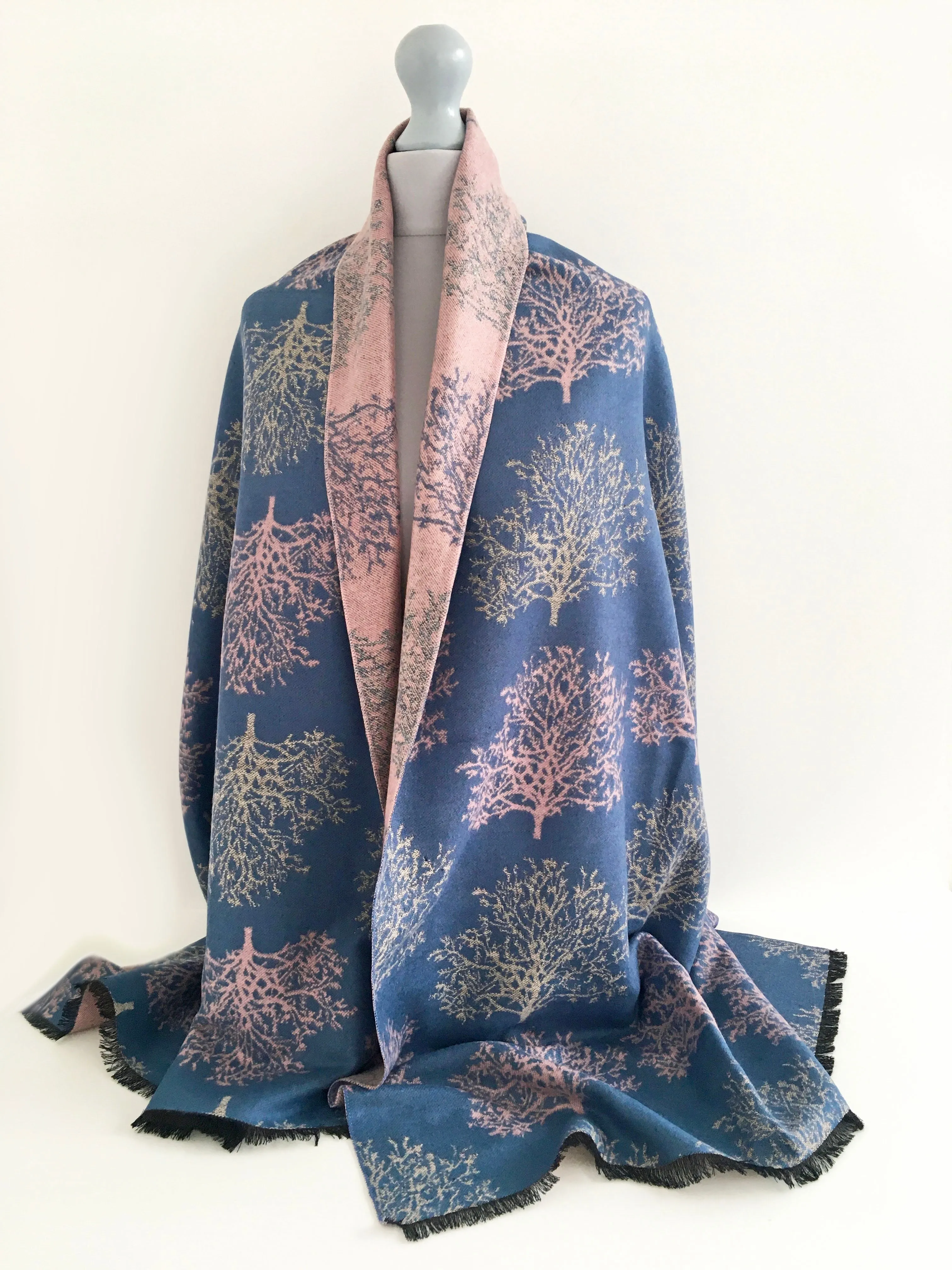 LARGE THICK BLUE BLUSH TREE REVERSIBLE WINTER SHAWL BLANKET SCARF