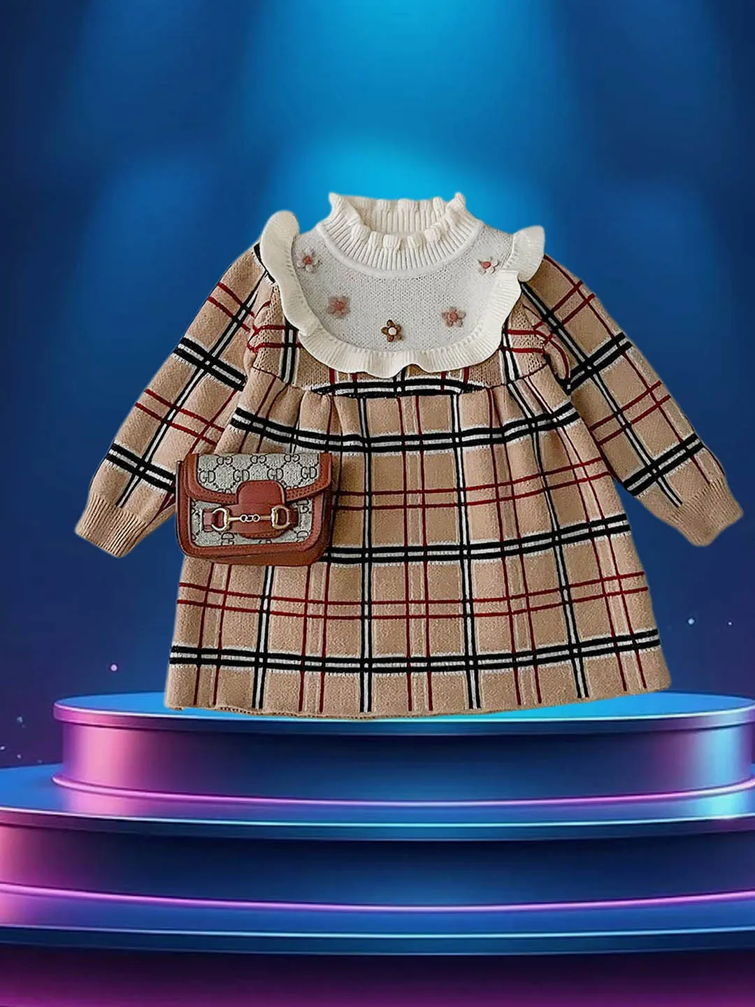 Little Surprise Box Beige sailor Checkered Knitted Frock Winterwear for girls -2-3Y