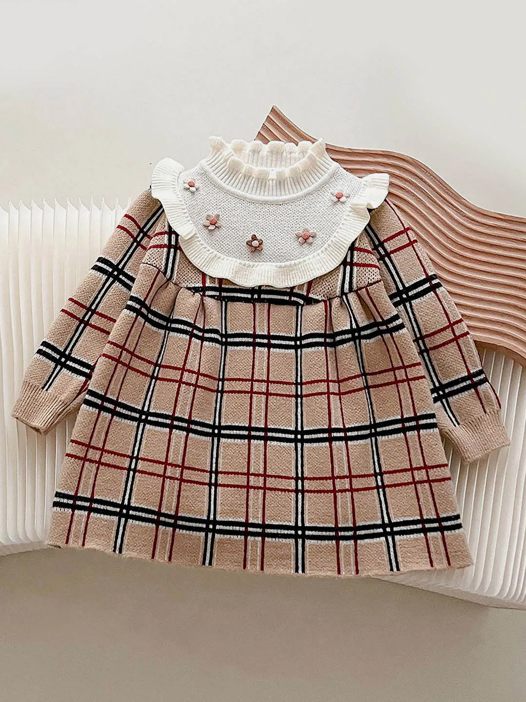 Little Surprise Box Beige sailor Checkered Knitted Frock Winterwear for girls -2-3Y