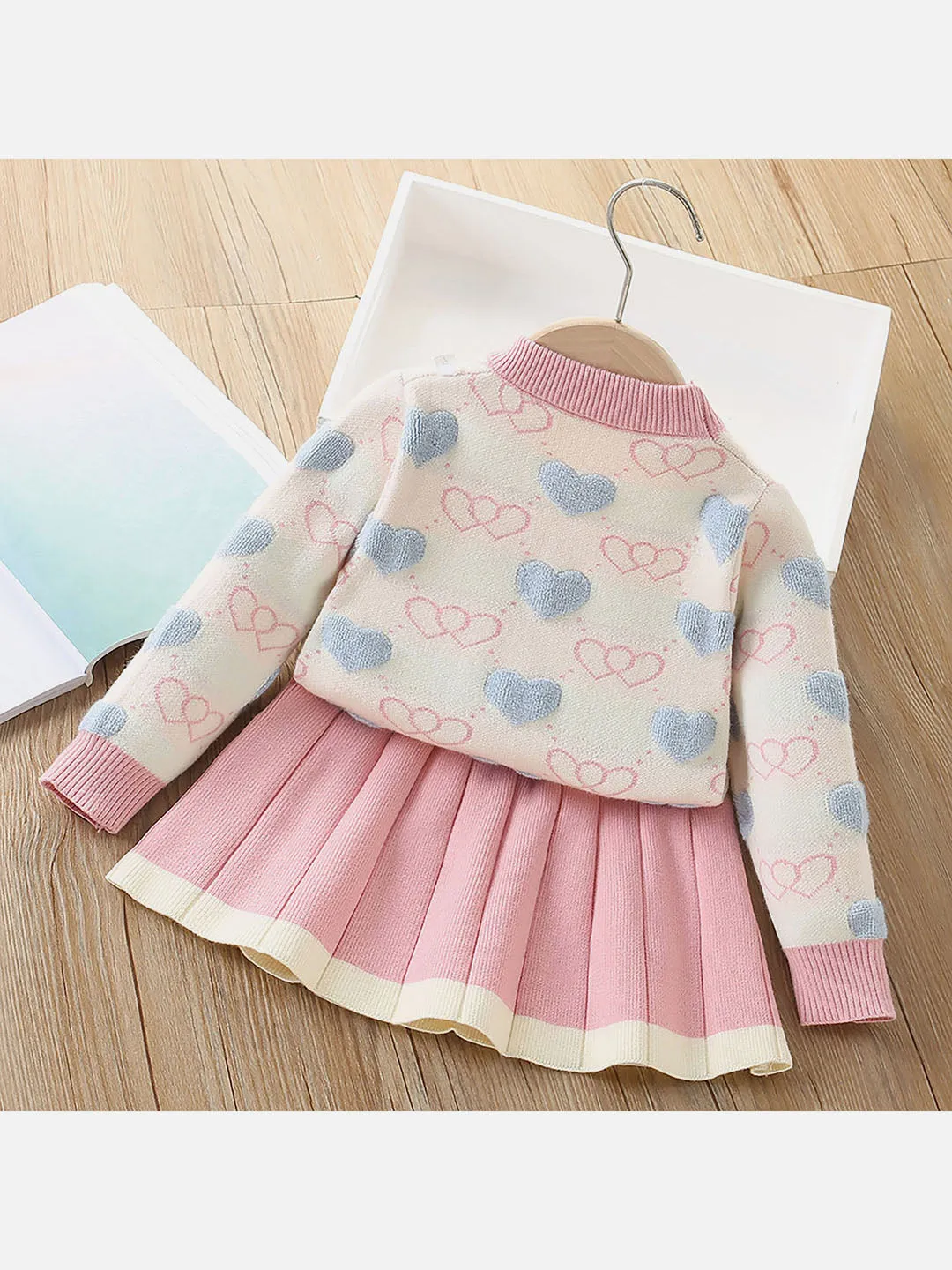 Little Surprise Box Pink Mini Hearts Patterned 2 pcs sweatshirt & Skirt Winterwear set for Girls