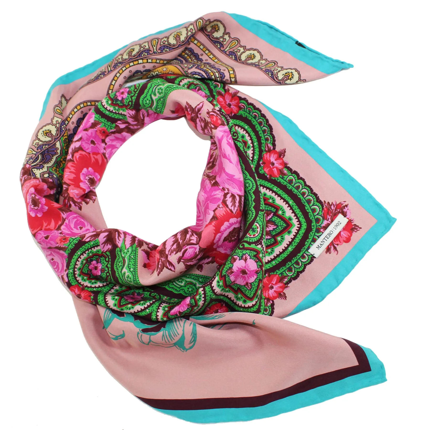 Mantero Scarf Pink Aqua Ornamental - Twill Silk Foulard