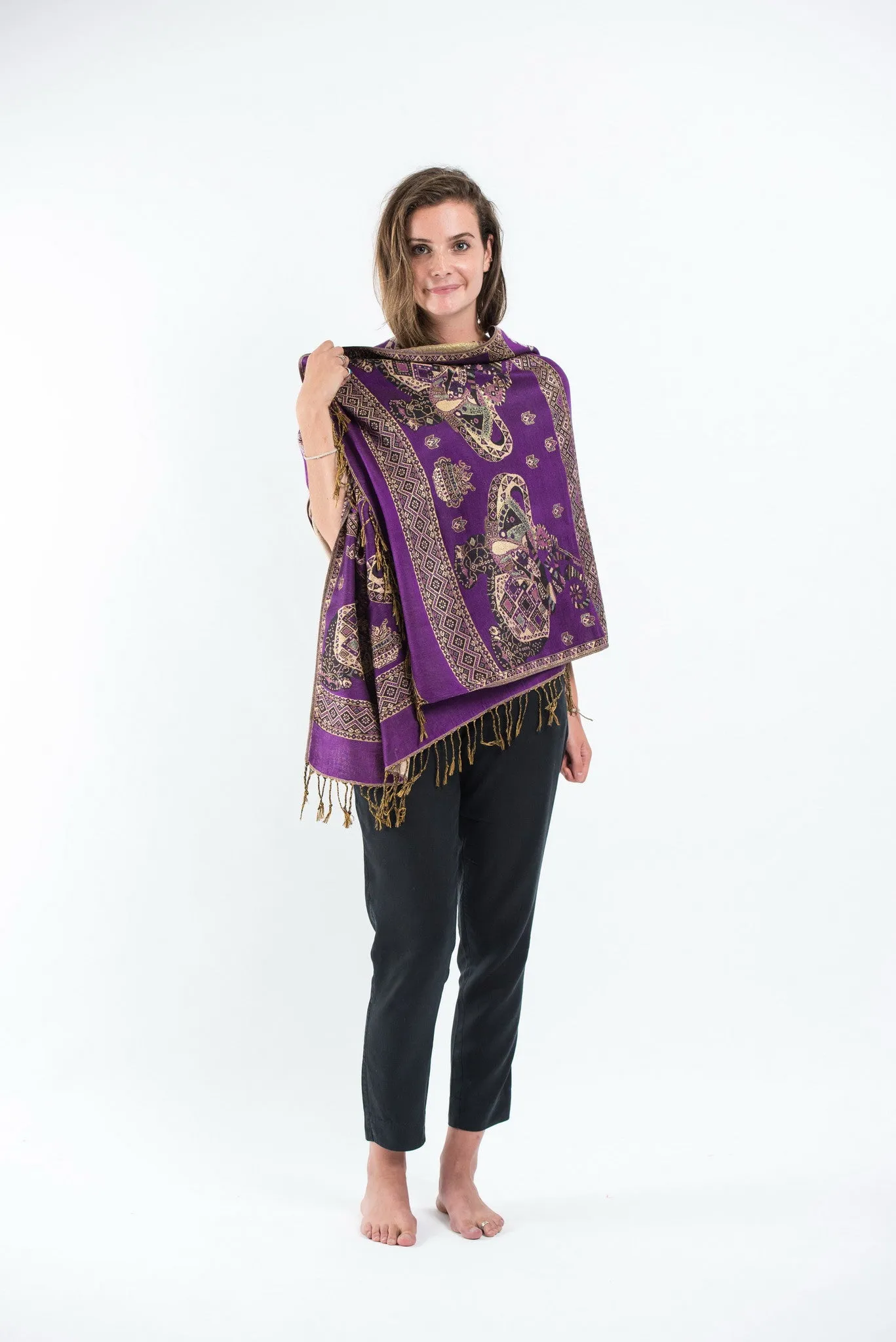 Nepal Elephant Pashmina Shawl Scarf in Purple