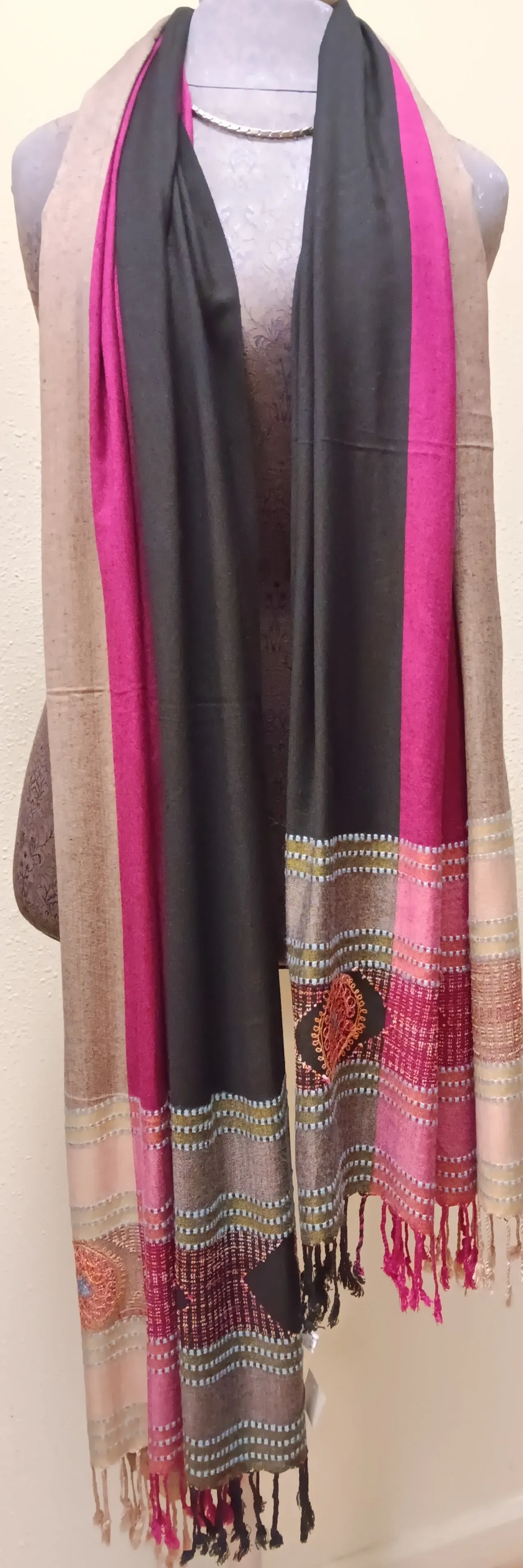 Pashmina ~ Fuchsia ~ Tan ~ Black with Embroidered Border