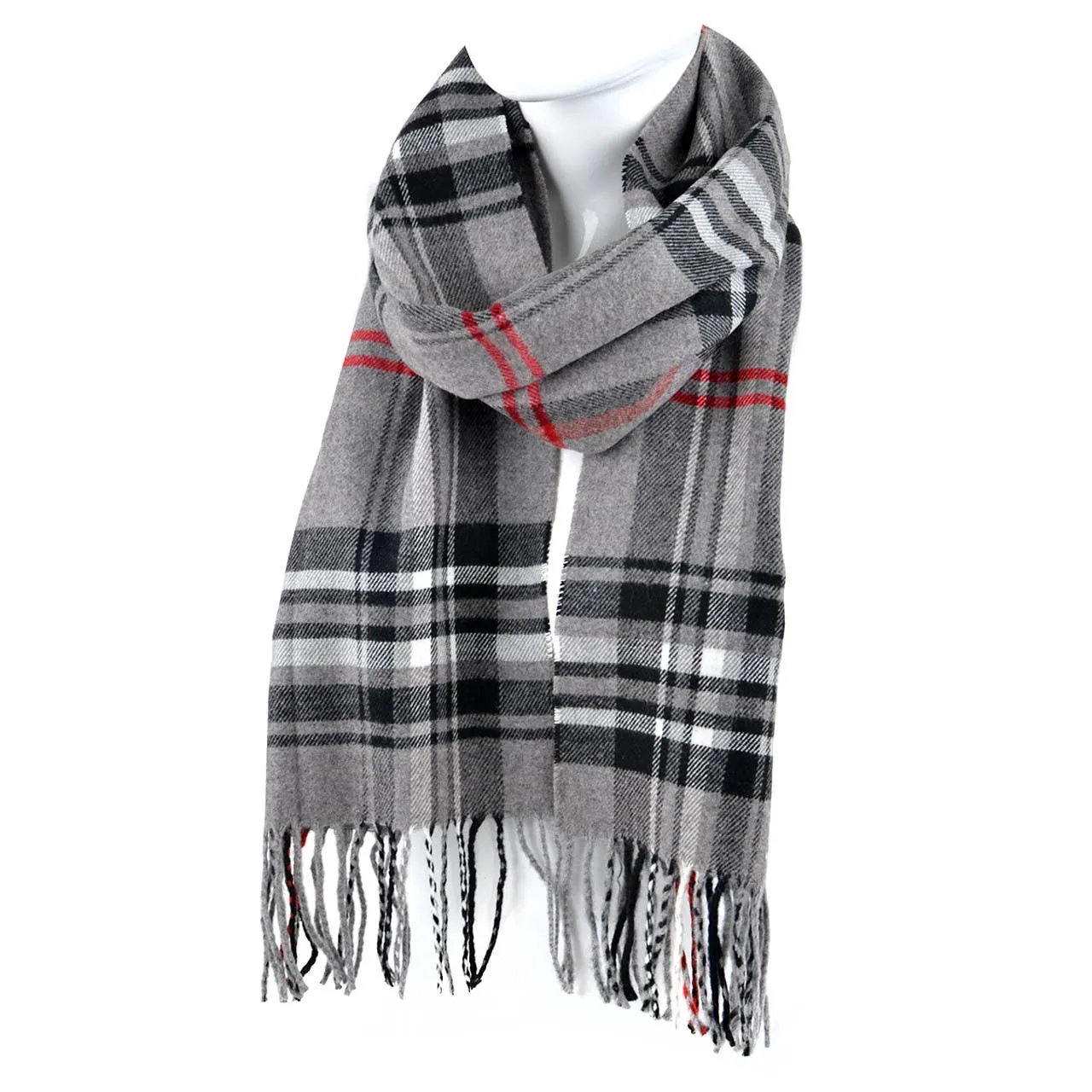 Plaid Cashmere Feel Acrylic Scarf Grey Black and Red