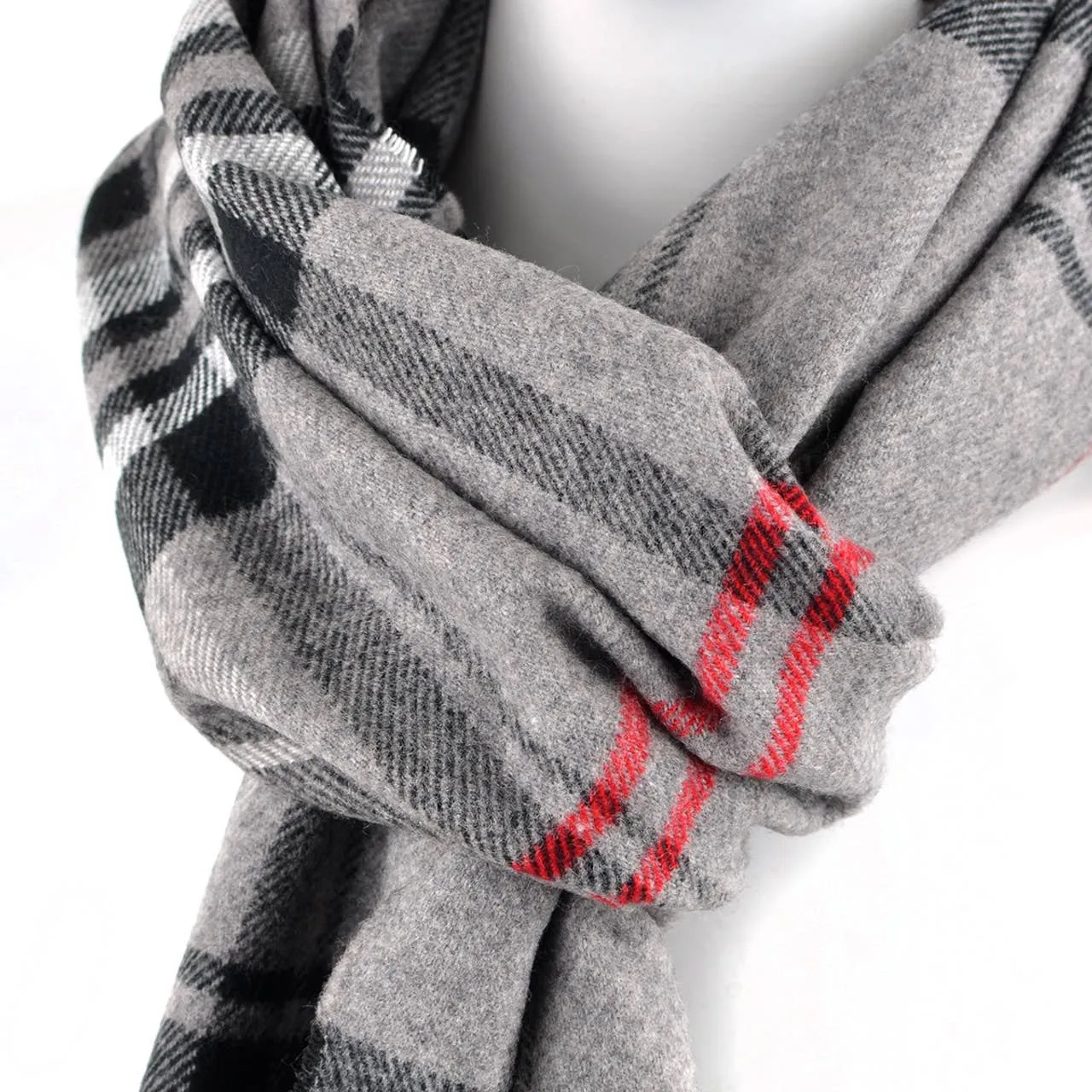 Plaid Cashmere Feel Acrylic Scarf Grey Black and Red