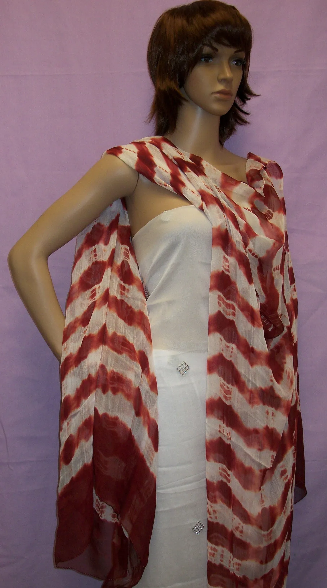 Scarf 430 Red White Georgette Tie Dye Chunni Dupatta Shieno Sarees